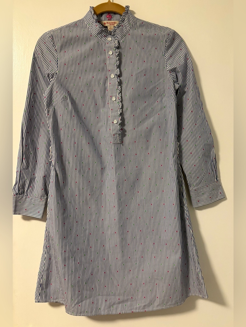 Brooks Brothers Blue and White Striped Tunic Dress with Pink and Green Dots